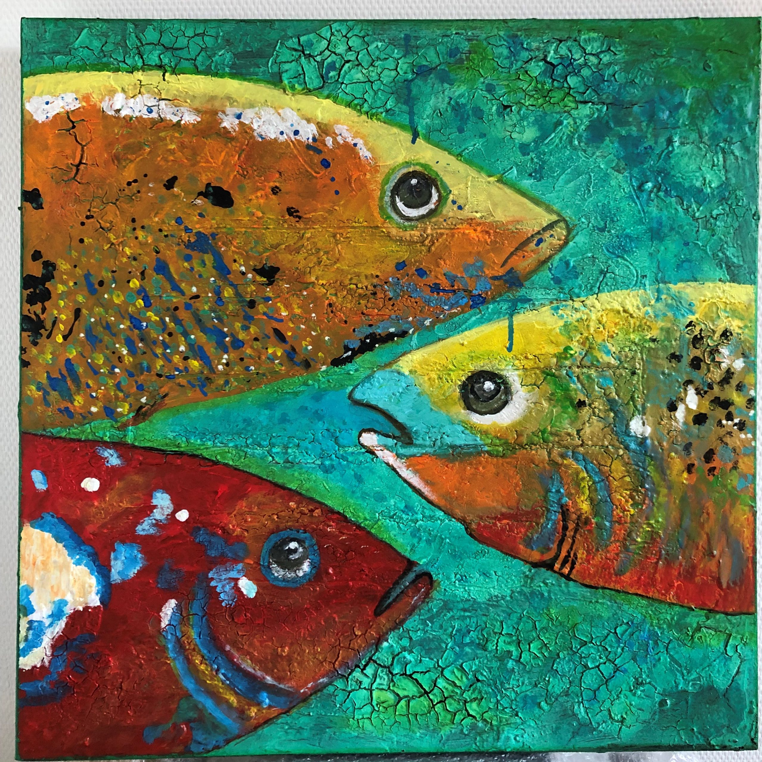 Fishing Acryl met crackle medium 50 x 50 cm €150,-